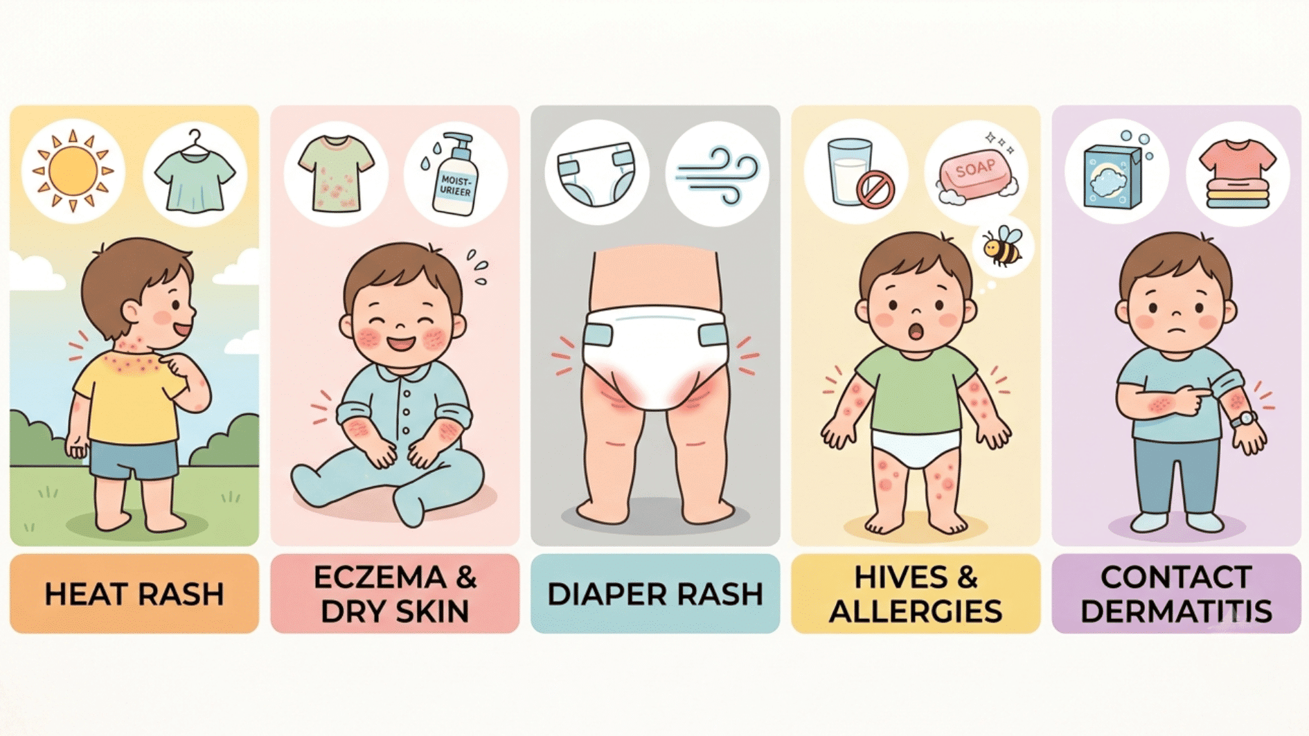 toddler rash infographic showing roseola hand foot and mouth disease chickenpox impetigo and ringworm with child illustrations and labels (2)