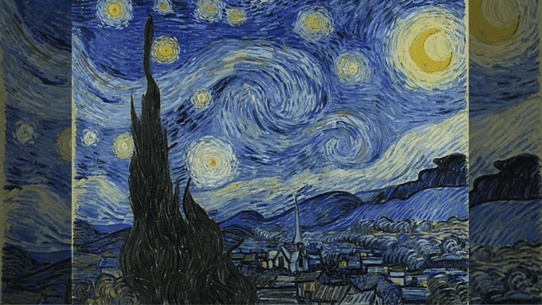 Vincent van Gogh starry night sky swirling over a small village with cypress tree in foreground (1)