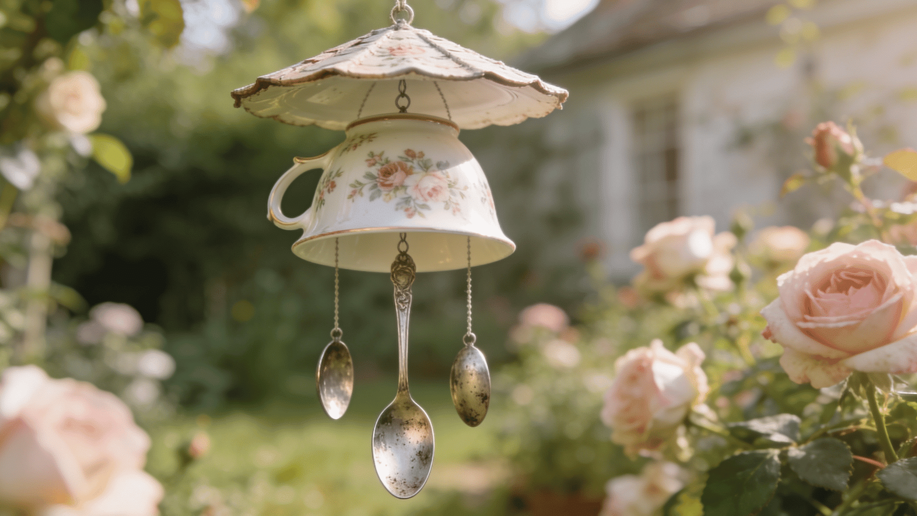Vintage teacup wind chime with spoon clappers and a saucer roof in a cottage garden