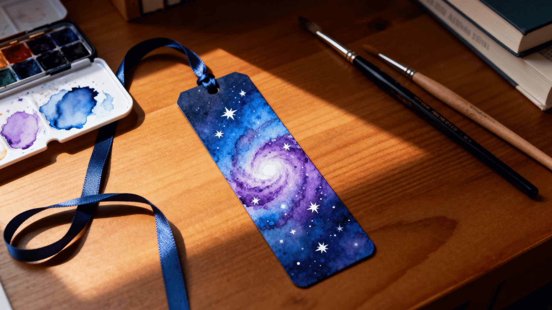 watercolor galaxy bookmark with painted stars and blue purple shades placed beside craft supplies on a wooden reading desk