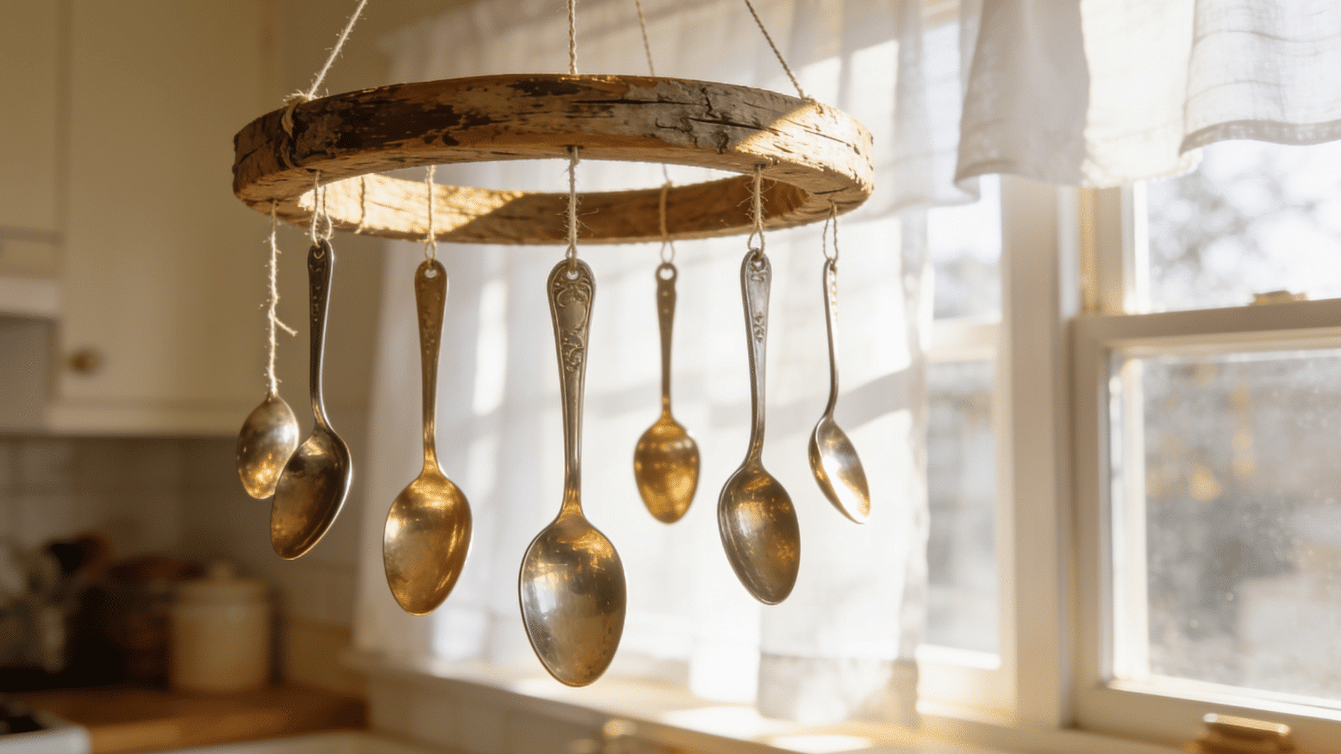 wind charm with silver spoons, hung by a thread on a wooden ring, wind flowing through and creating noise