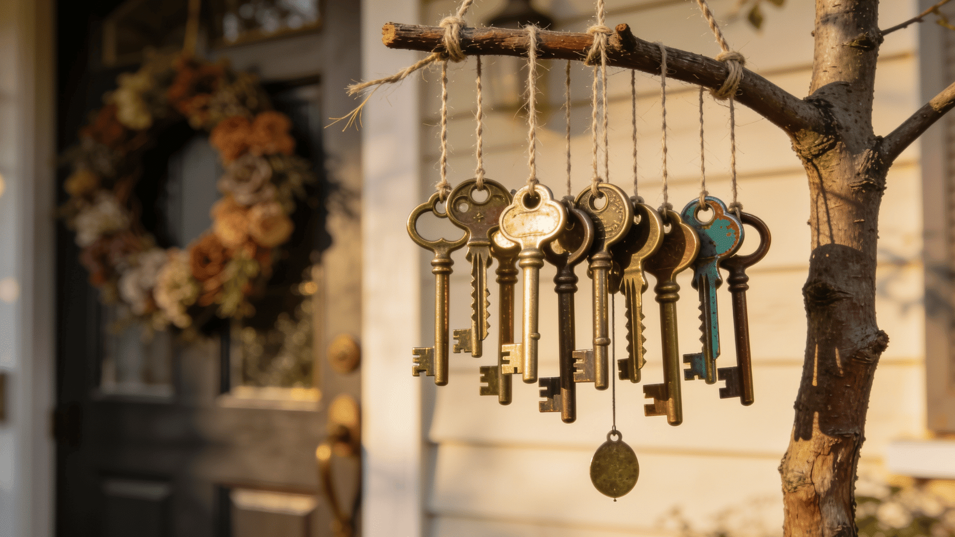 windchime made of keys, diy old key design with thread hung in a tree brunch