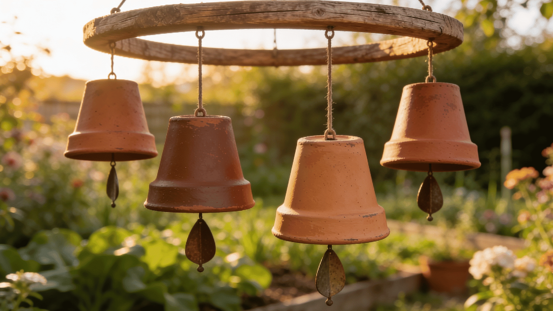 windchime made of terracotta pots, diy pots tied to a ring or bar with thread hung in a tree brunch