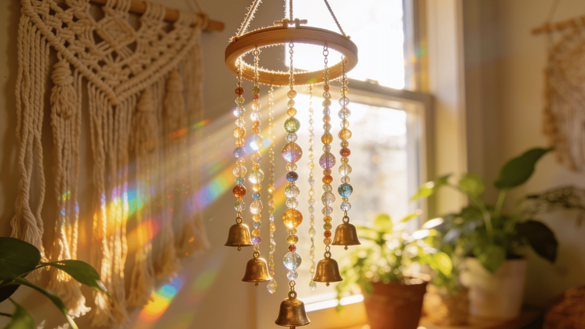windchime made with beads, hung inside a cozy room, light reflecting throufh the beads and bells attached