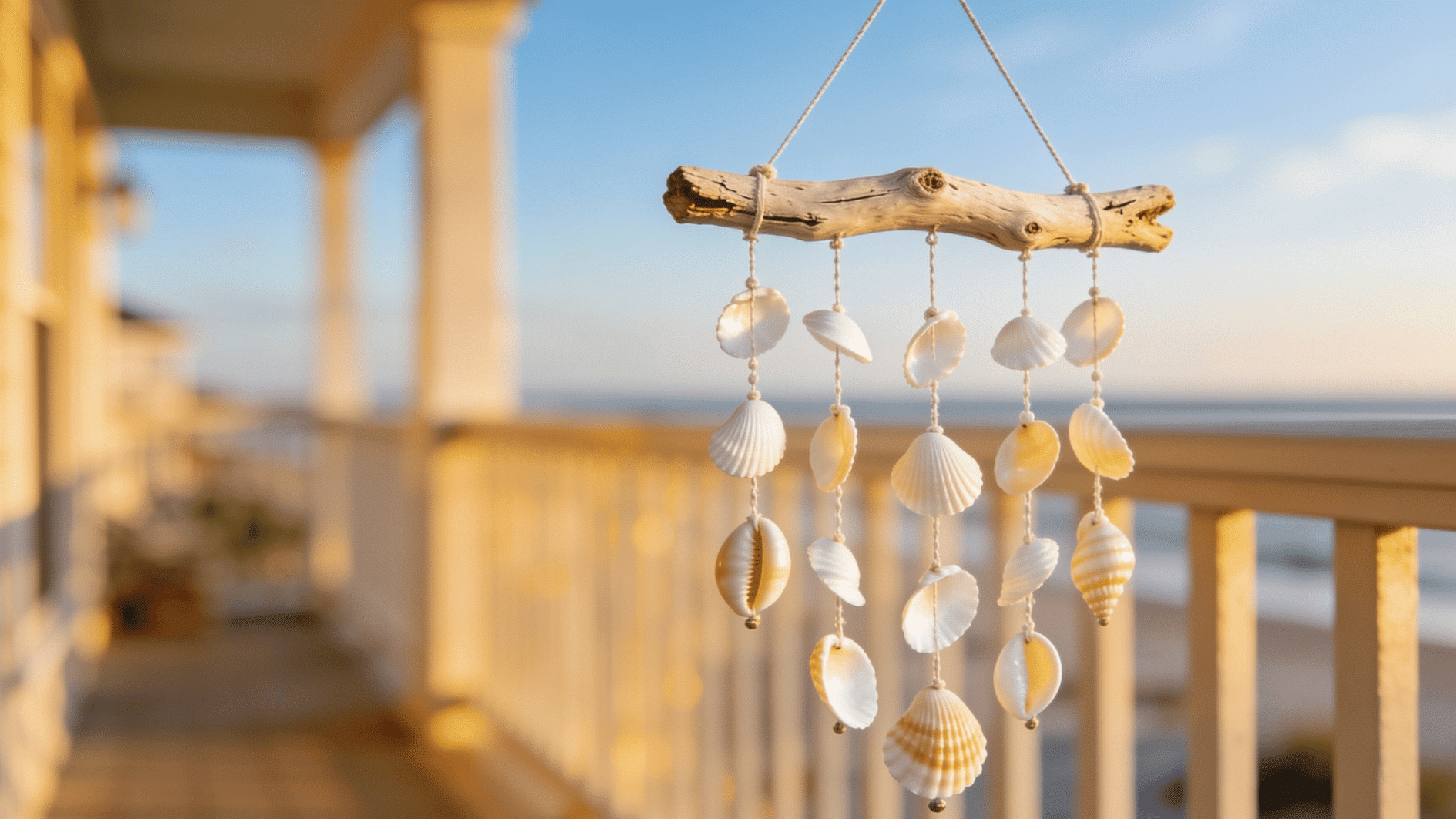 windchime made with shells, hung inside a balcony with beach view, tied to a bar ttached