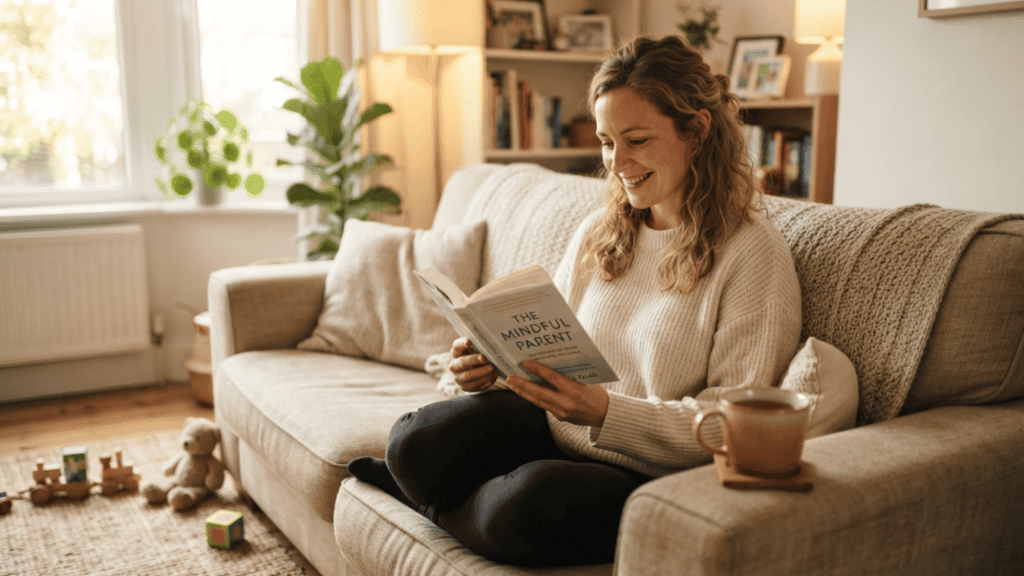 woman reading parenting book on cozy sofa in warm living room with calm home atmosphere and coffee mug nearby