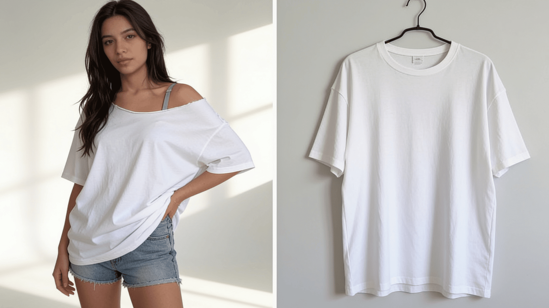 woman wearing an oversized white tee cut into an off-shoulder style, one bare shoulder, casual denim, soft daylight studio background, side-by-side with the same shirt uncut on a hanger, before-an