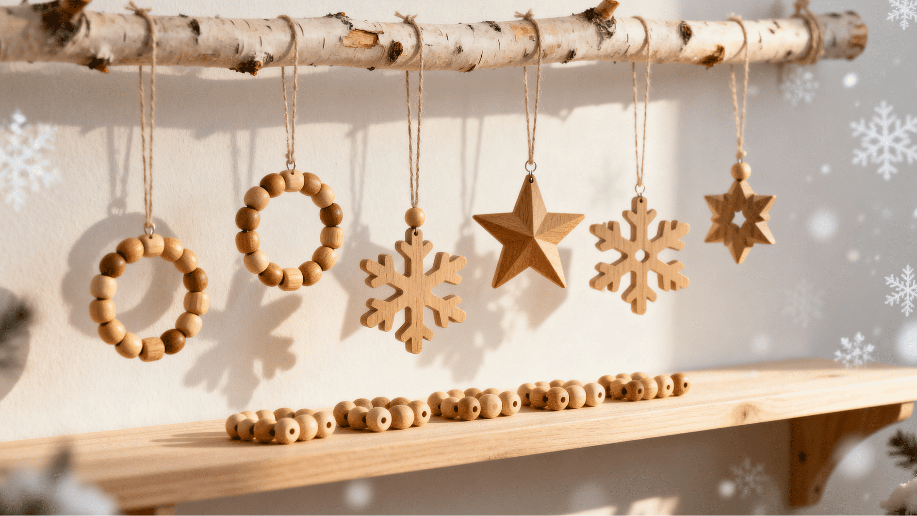 wooden christmas ornaments including stars circles and snowflakes hanging from birch branch above shelf in minimalist winter decor