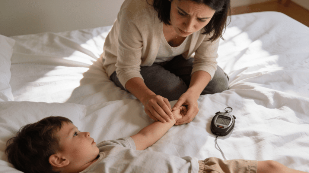worried mother checking unwell toddler's heart rate on white bed in softly lit bedroom at home