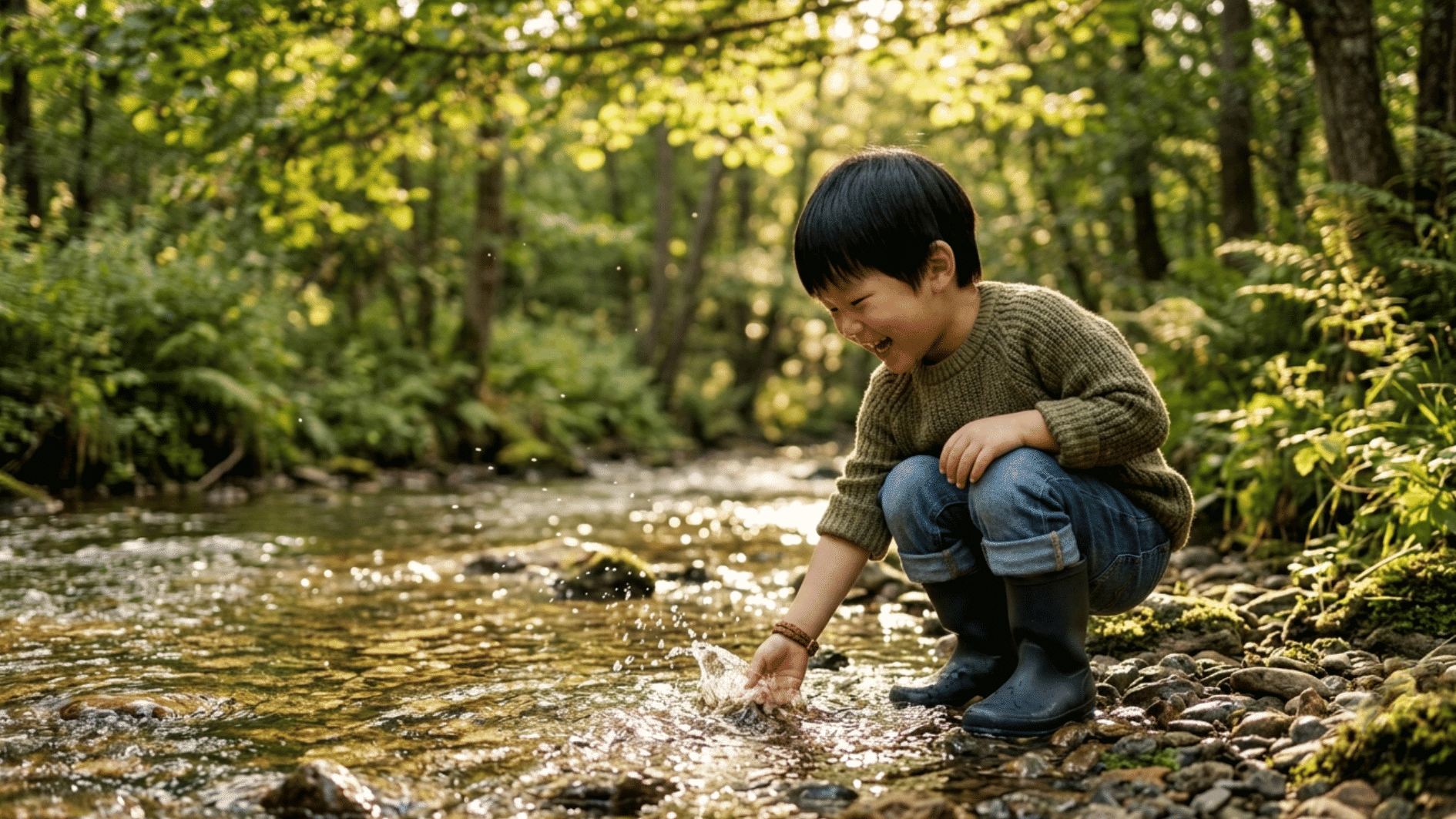young boy in a green jumper and boots kneeling by a forest stream splashing water under sunlit green leaves