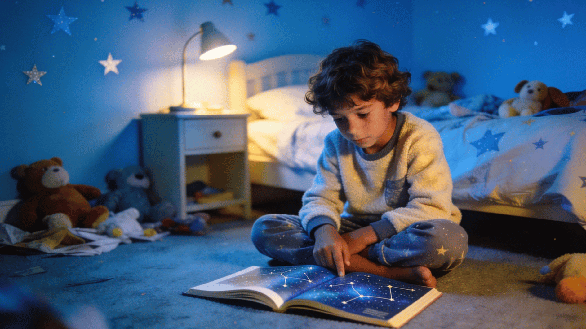 young boy in pajamas sitting on his bedroom floor at night watching glowing constellations from a star projector