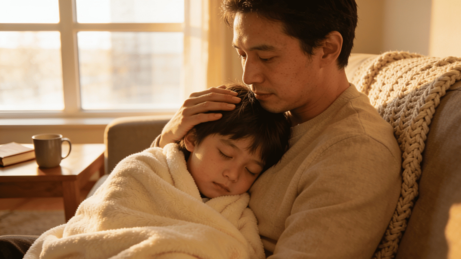 young child resting with a parent while checking temperature during a fever at home with a warm comforting setting