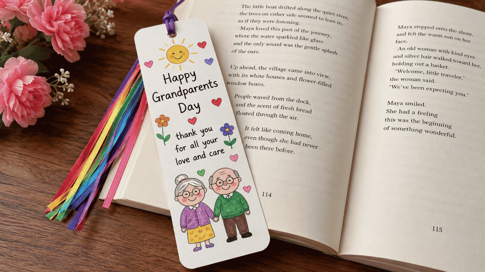 a handmade grandparents day bookmark with colorful drawings ribbon tassel and a loving note placed beside an open book