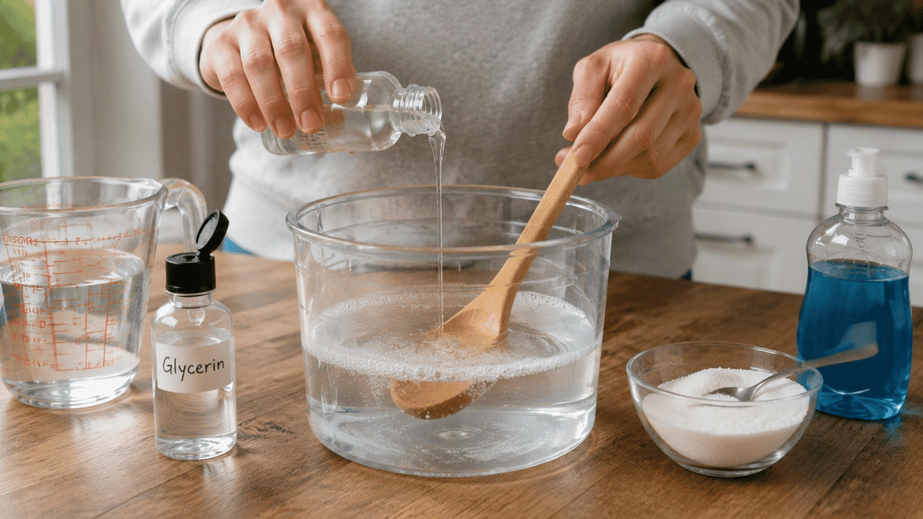 adding glycerin and sugar ingredients to a homemade bubble solution mixture