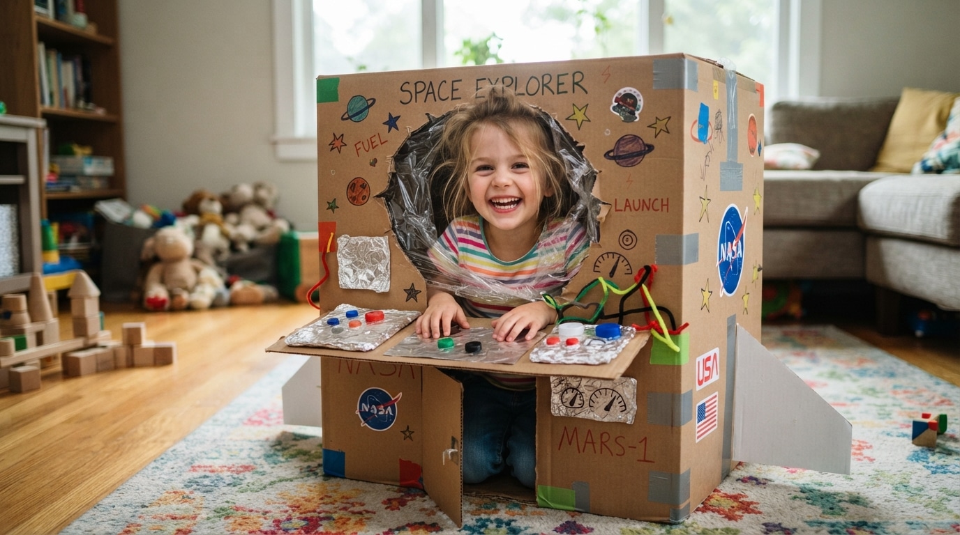 Cardboard box spaceship with child