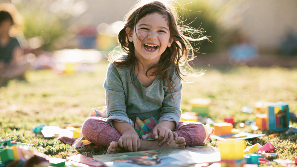 child smiling outdoors while sitting on grass surrounded by colorful toys and playing blocks in sunlight