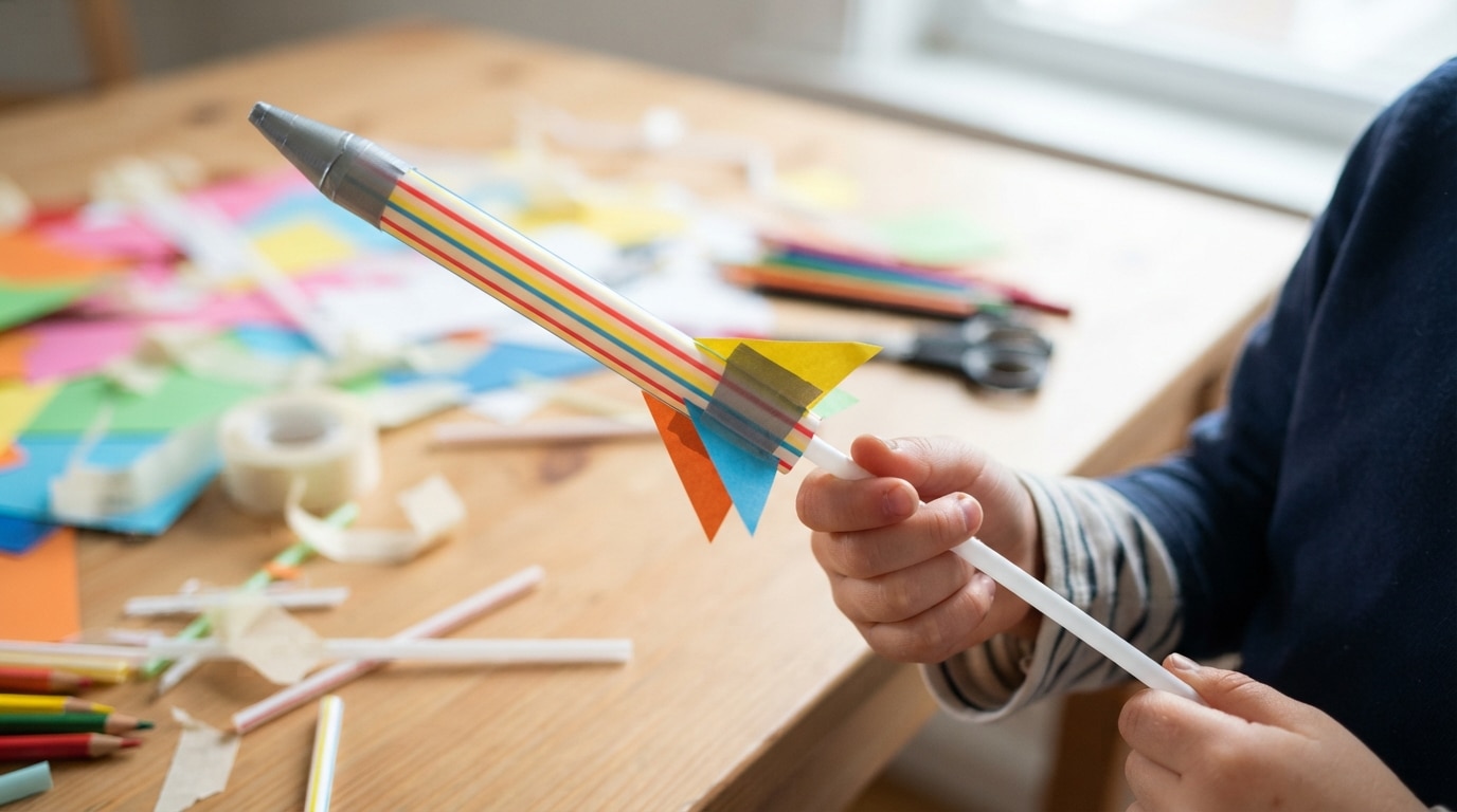 Child holding straw rocket launch