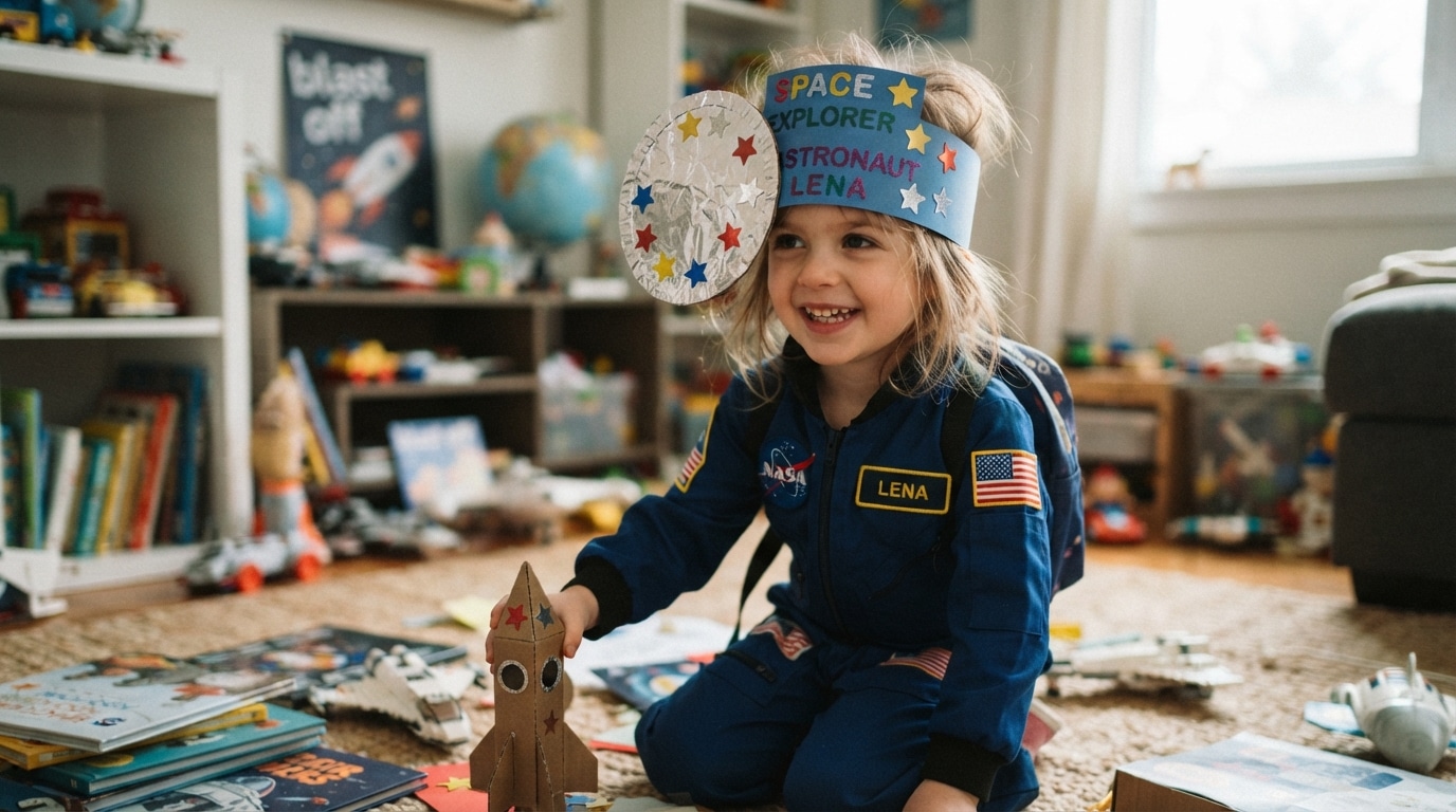 Child wearing space helmet headband