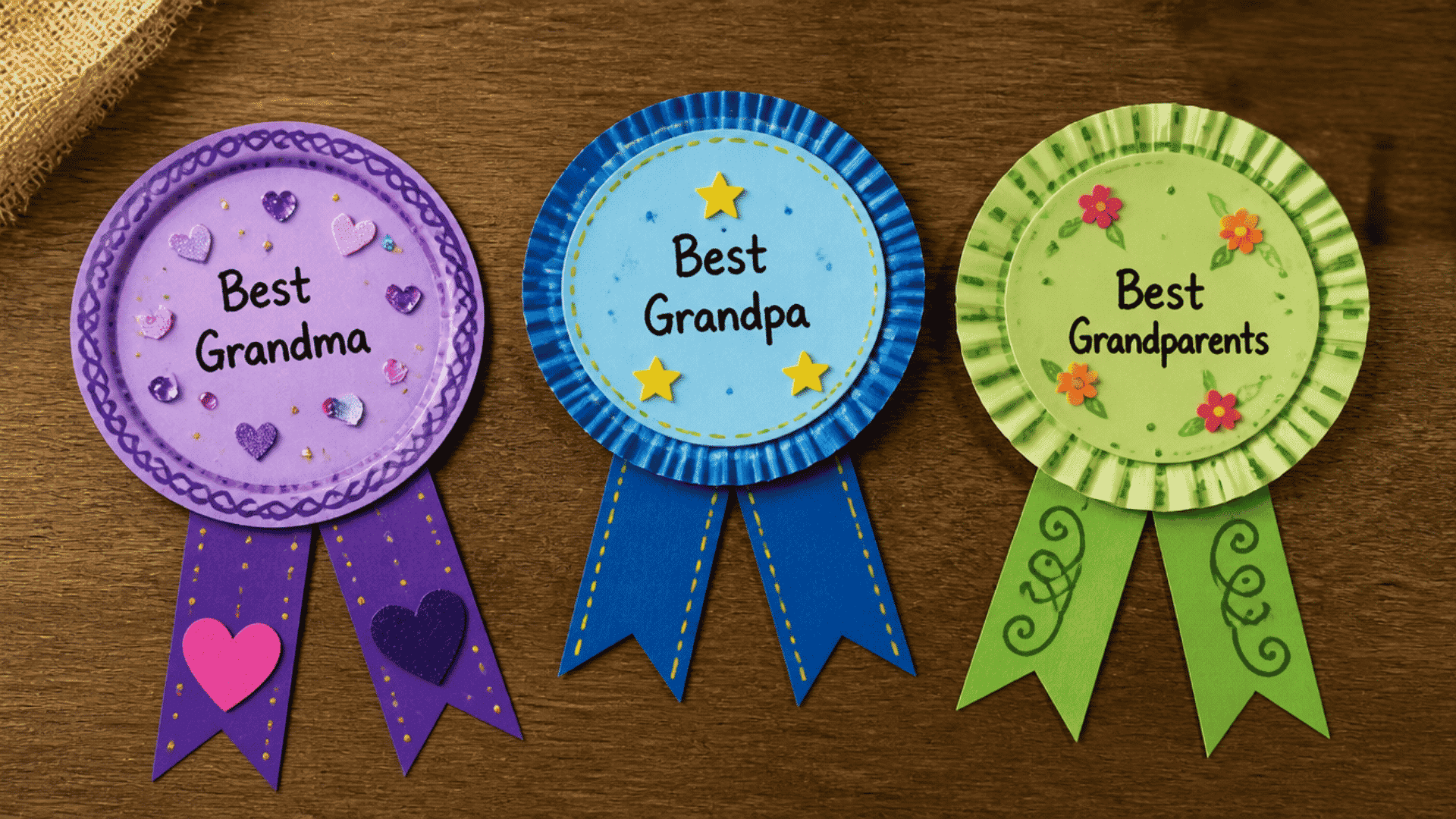 colorful best grandparent award ribbons arranged on a table for a cheerful grandparents day craft made by kids