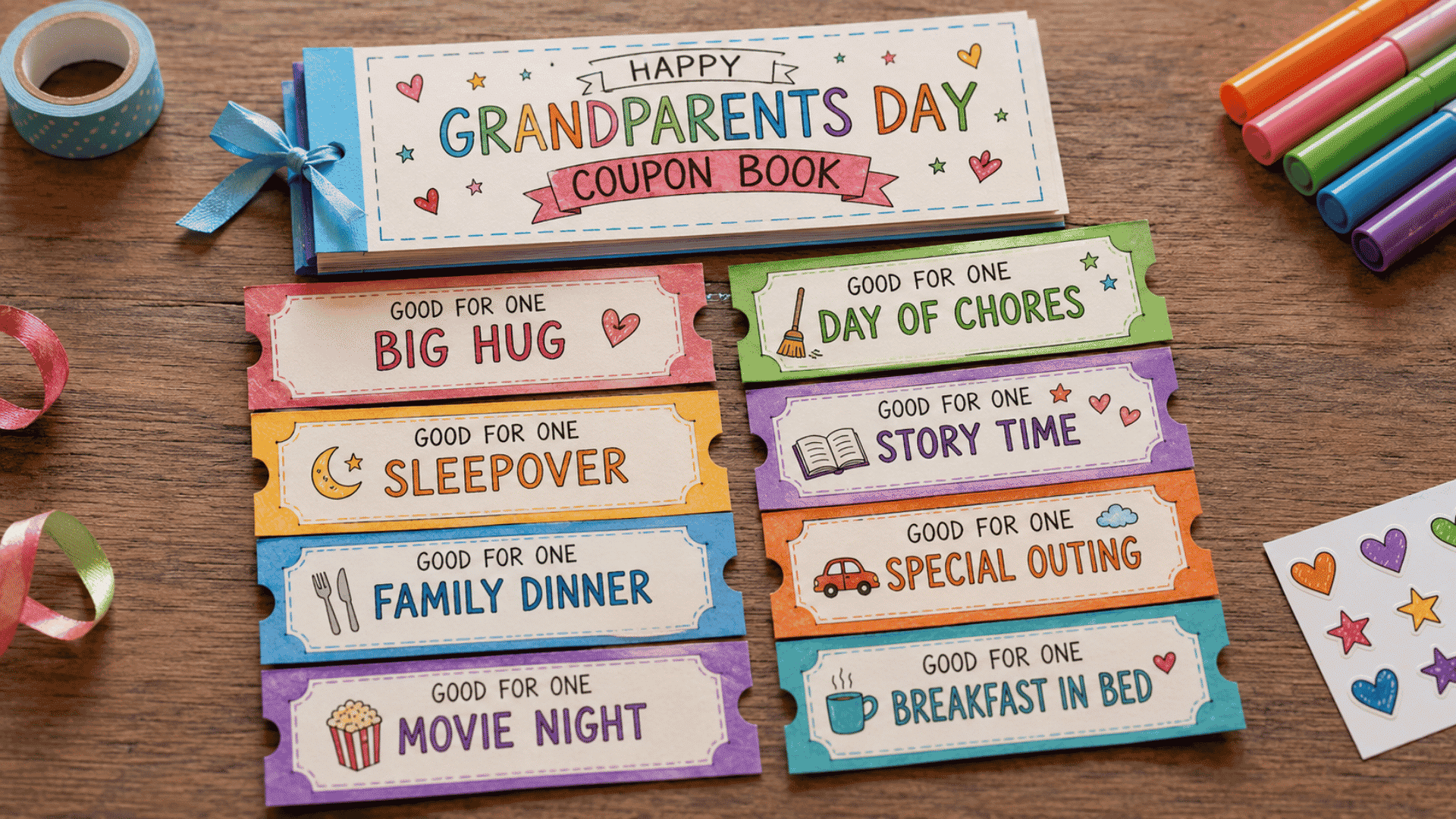 colorful grandparents day coupon book with handmade vouchers markers ribbons and stickers laid on wooden table