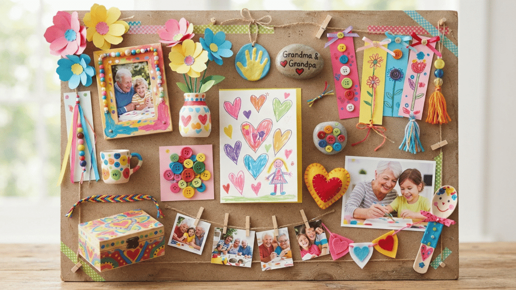 colorful mood board showing grandparents day crafts with cards frames flowers bookmarks and handmade keepsakes