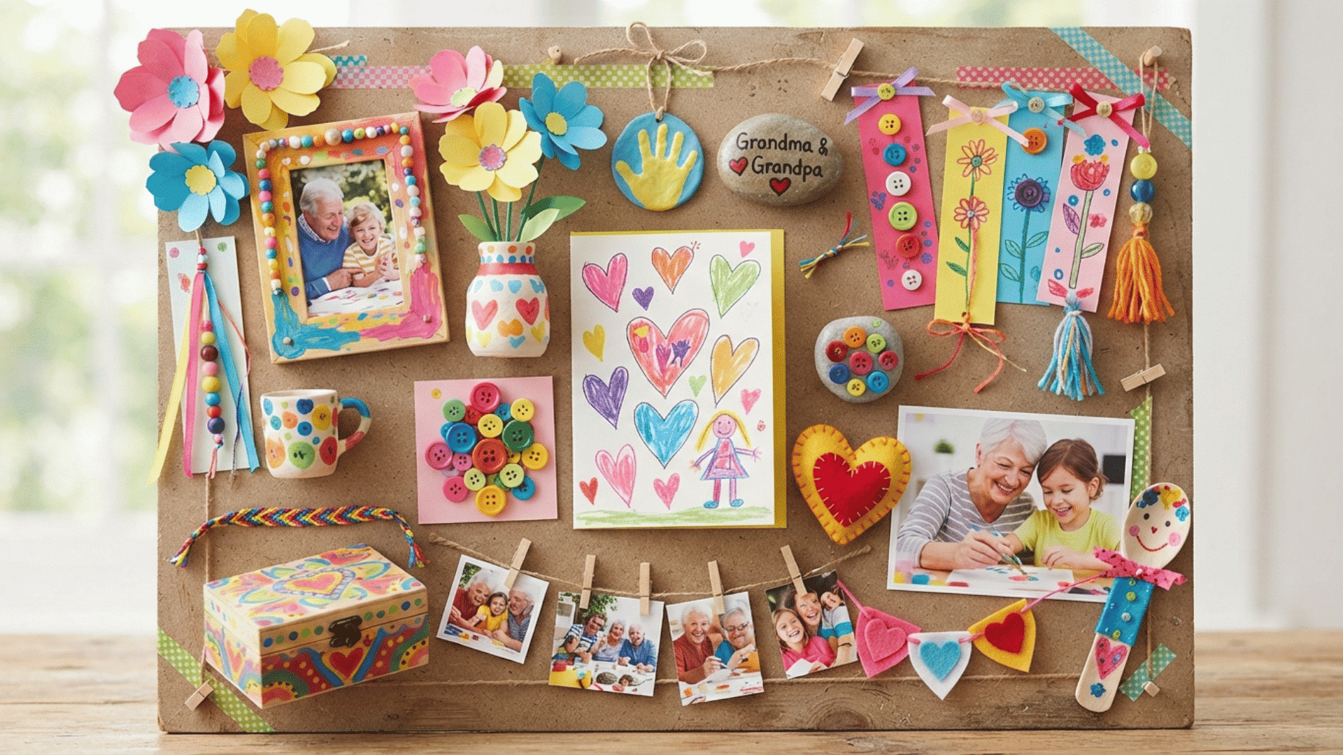 colorful mood board showing grandparents day crafts with cards frames flowers bookmarks and handmade keepsakes