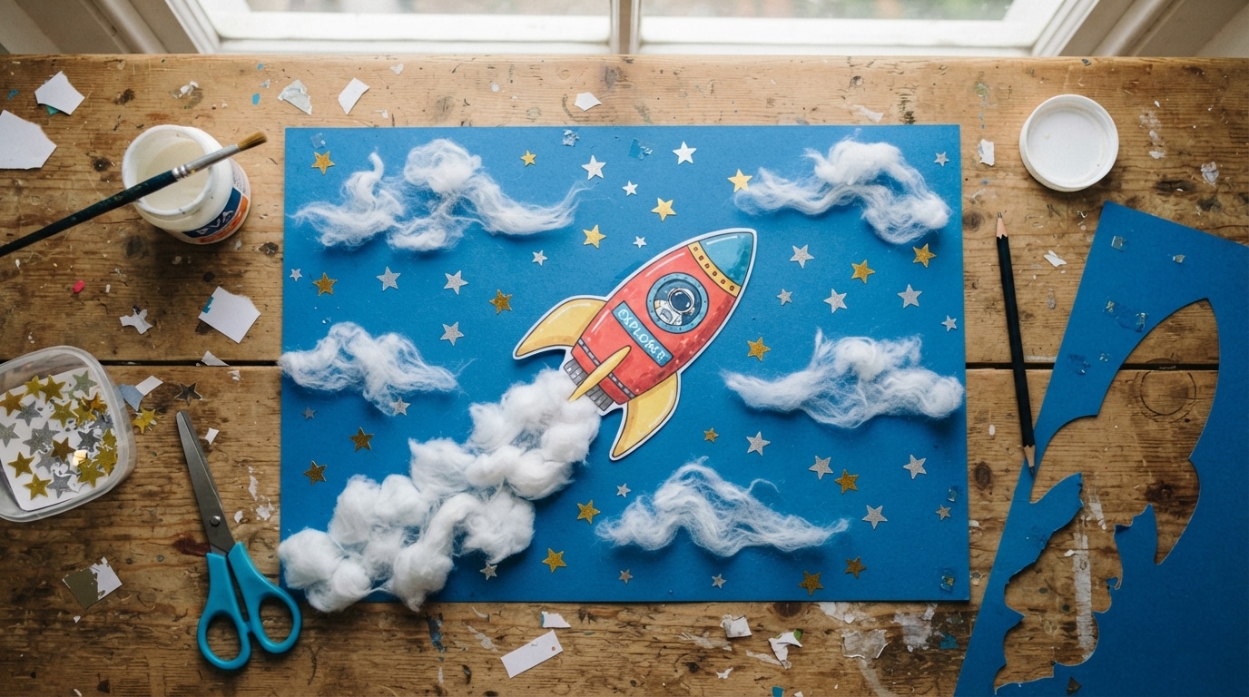 Cotton ball clouds rocket scene