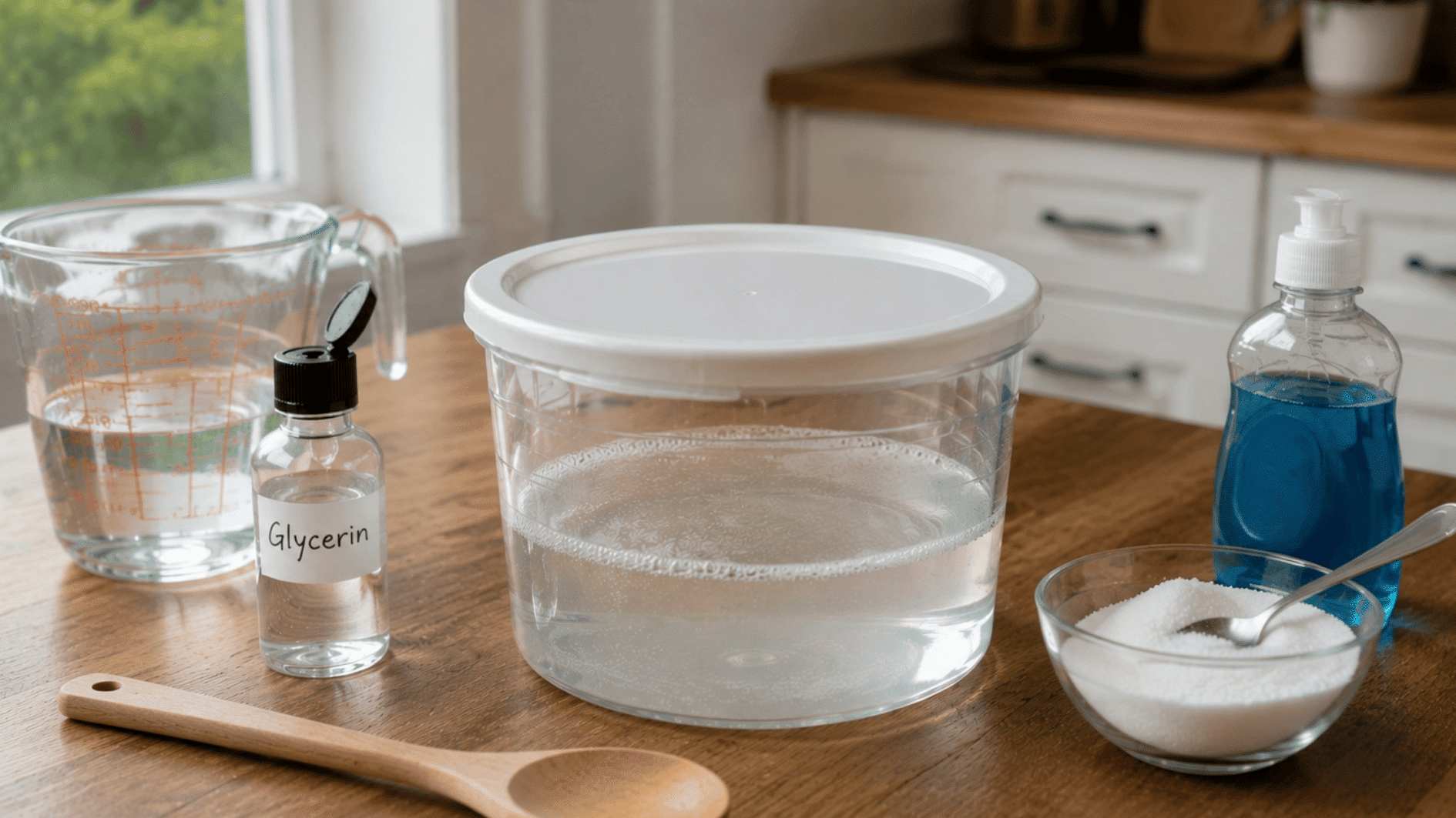 covered container of homemade bubble solution resting on a kitchen table