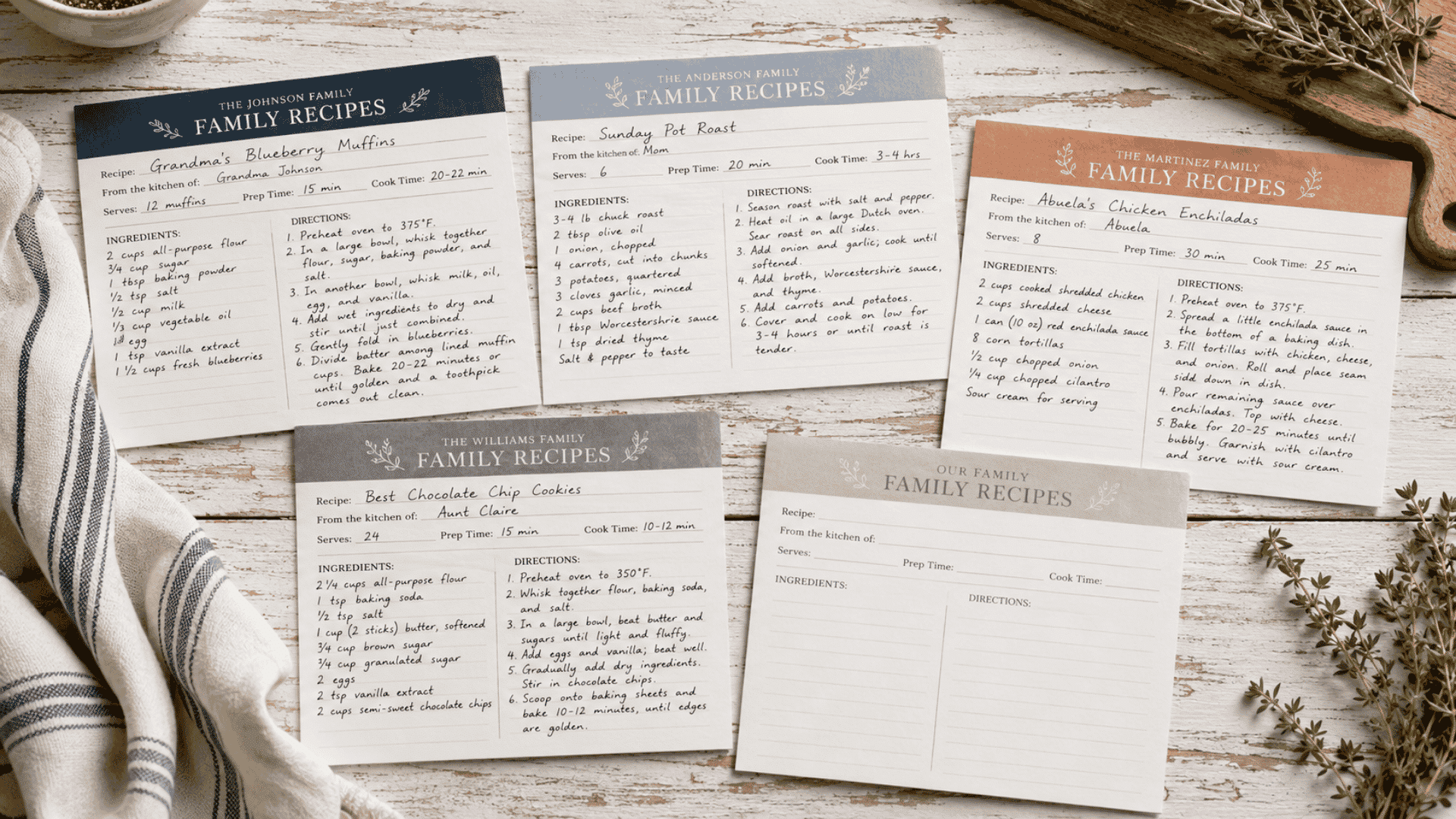custom family recipe cards with handwritten dishes arranged on a rustic table with herbs and kitchen cloth set