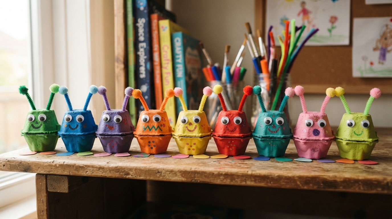 Egg carton aliens on shelf