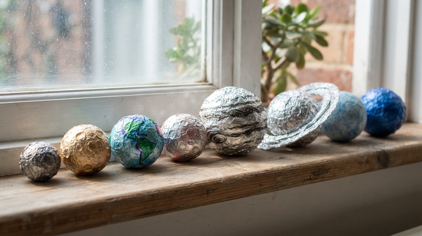 Foil planet sculptures on window