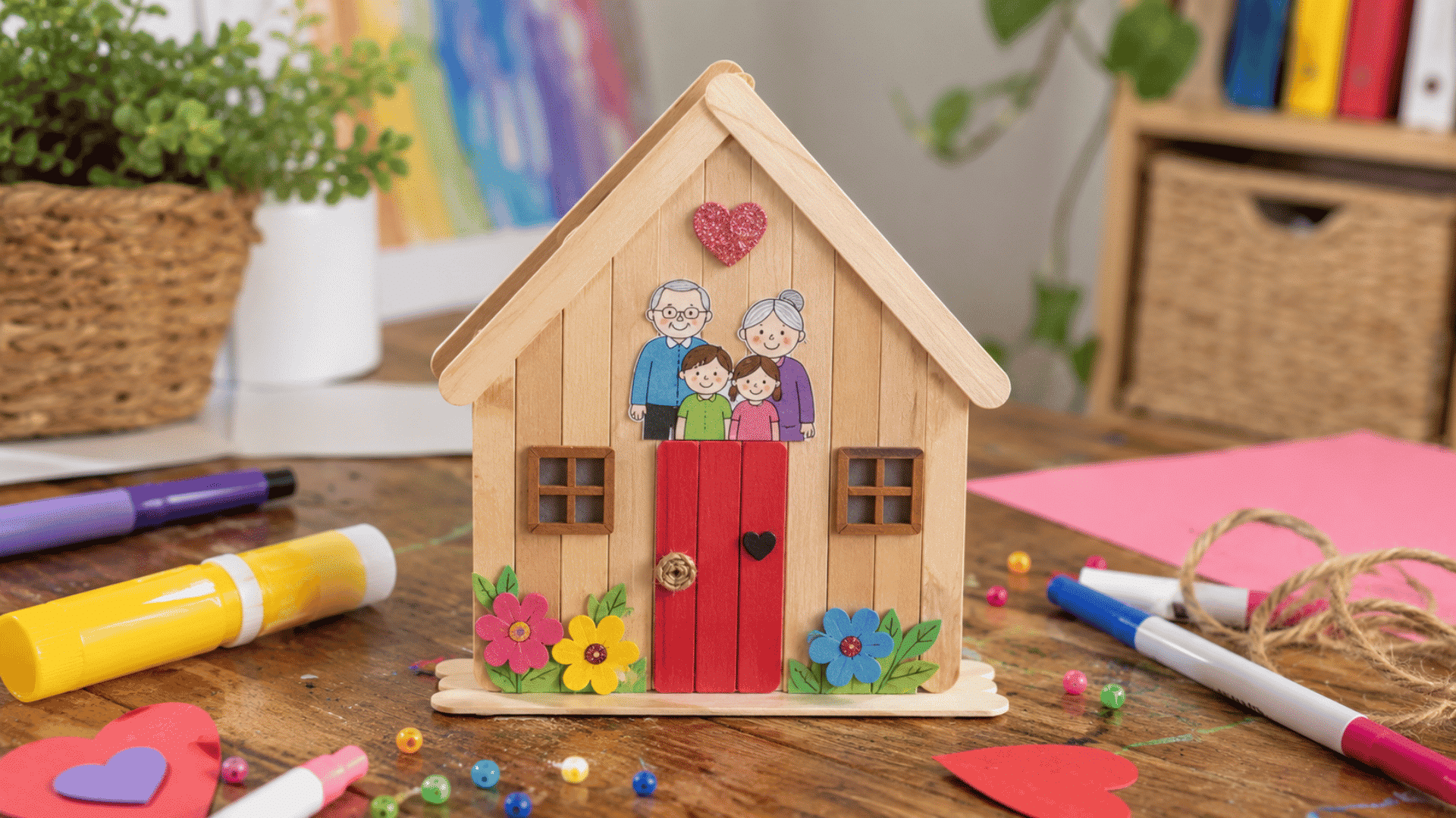 handmade craft stick family house with paper grandparents and children arranged on colorful wooden craft table