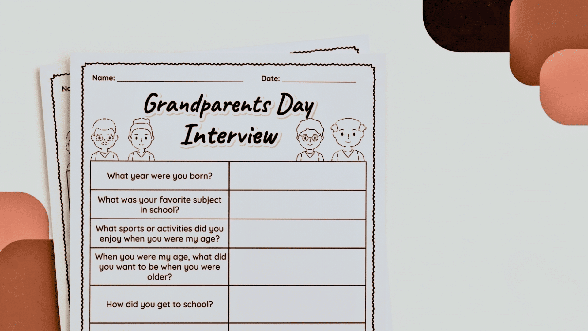 handmade grandparent interview booklet with family questions written answers and childrens drawings on a table