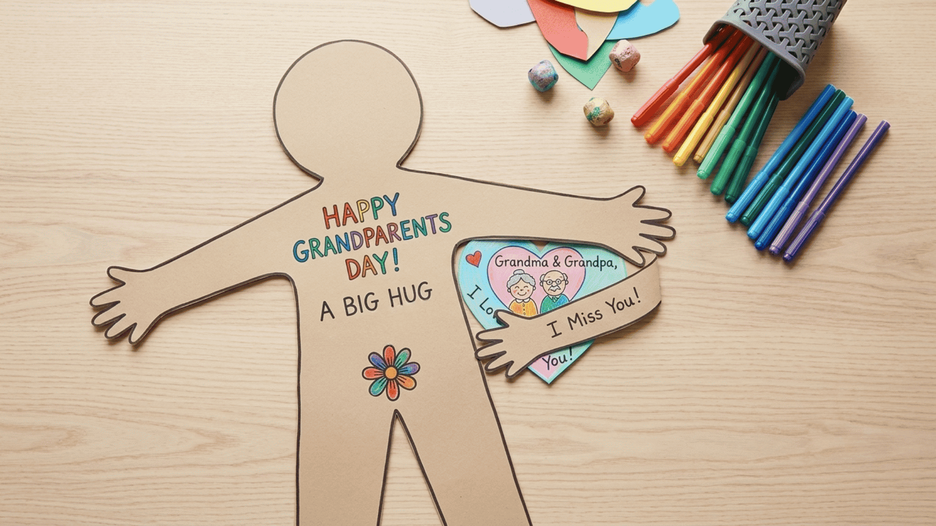 handmade hug card with folded paper arms and traced hands opened on a table for a sweet grandparents day craft