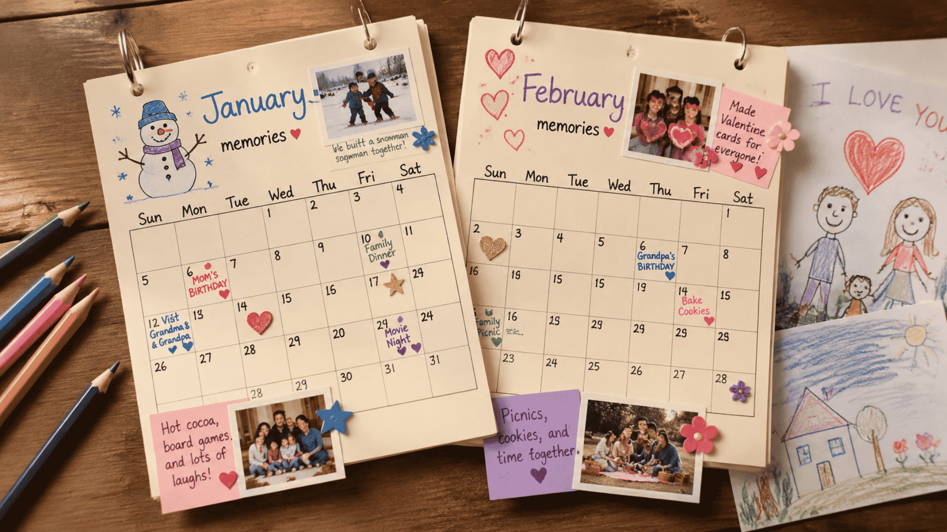 handmade mini memory calendar with child drawings photos and notes for grandparents day gift