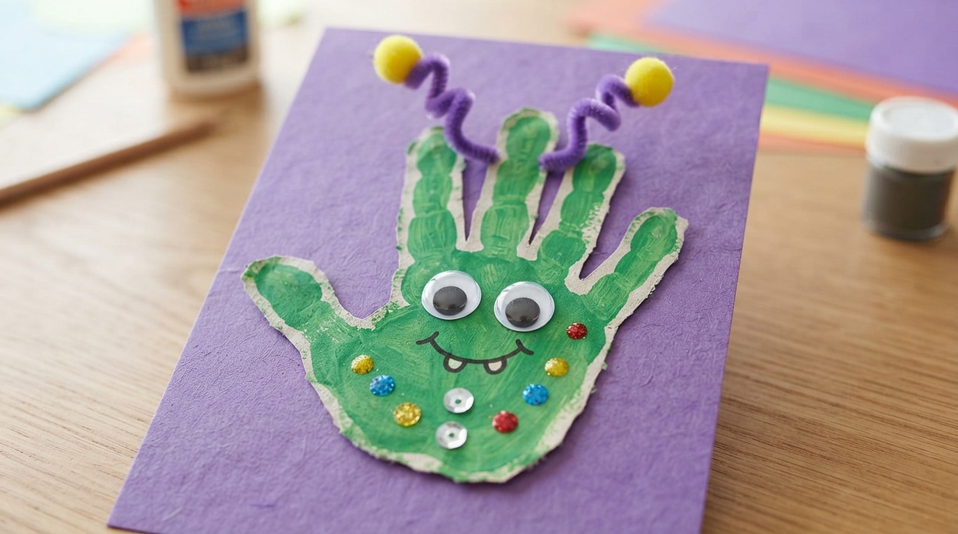 Handprint alien on purple cardstock