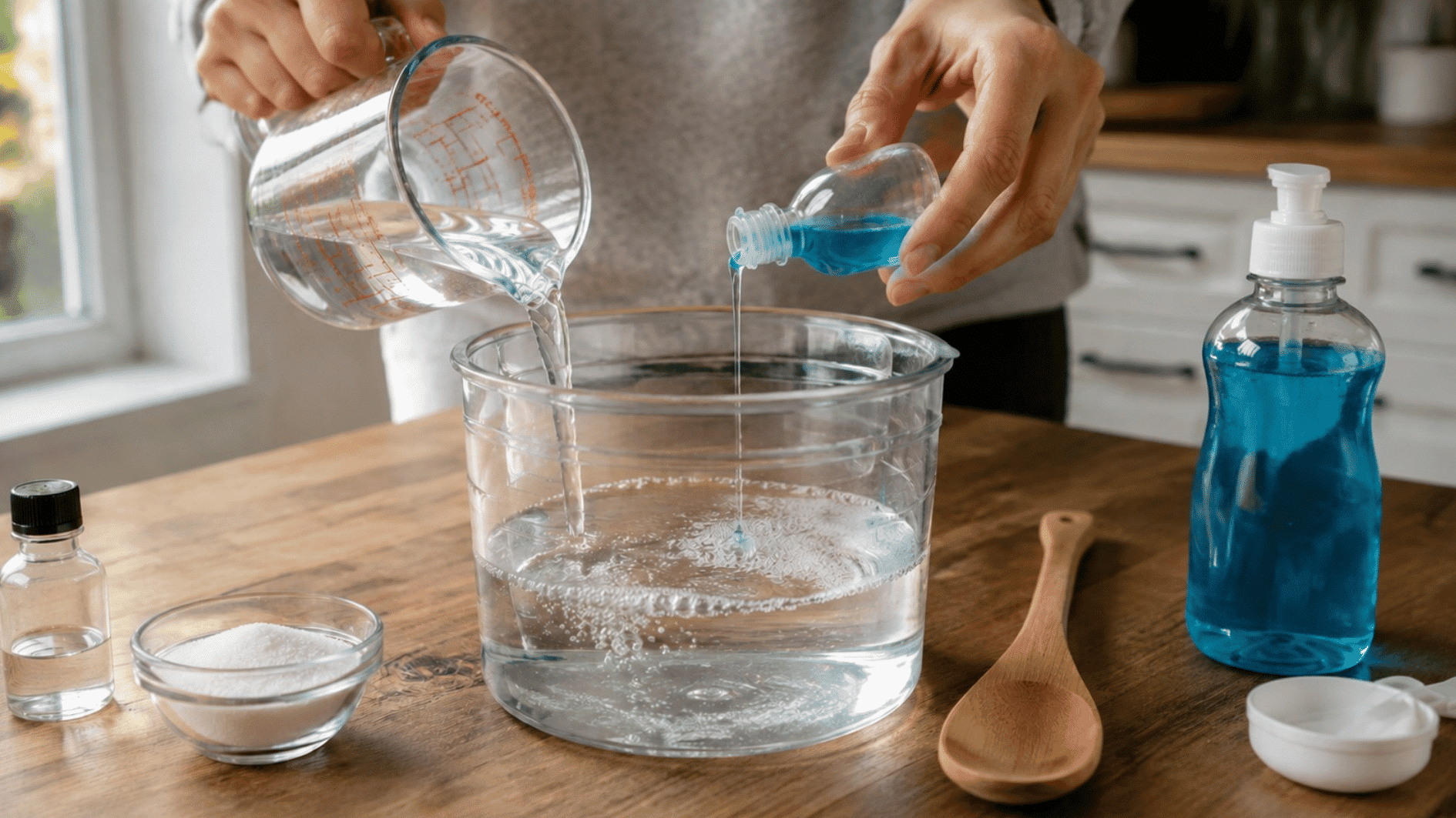 hands gently mixing water and dish soap in a clear container for homemade bubble solution