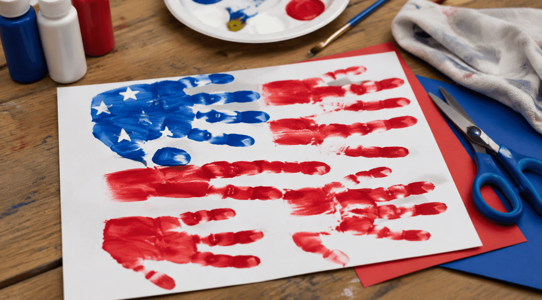 realistic american flag handprint craft with painted stars stripes and craft supplies on wooden table