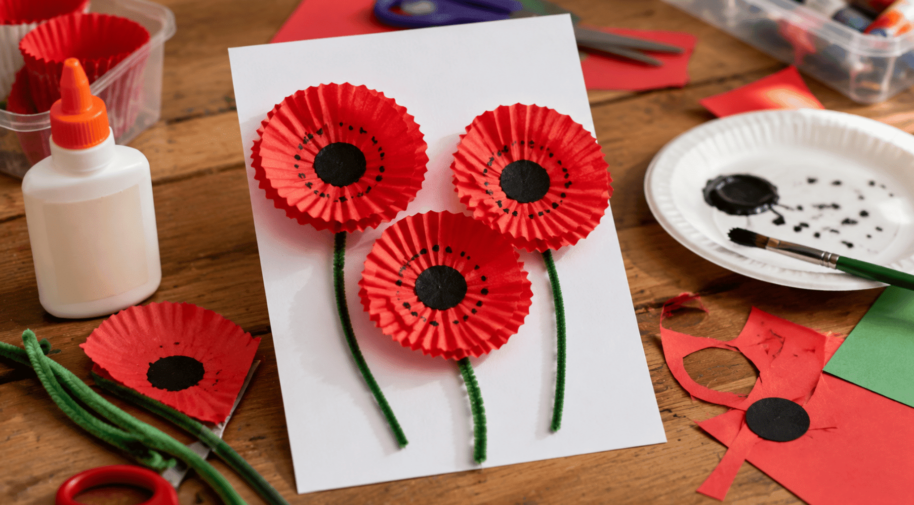 realistic veterans day poppy flower craft made with cupcake liners and paper supplies