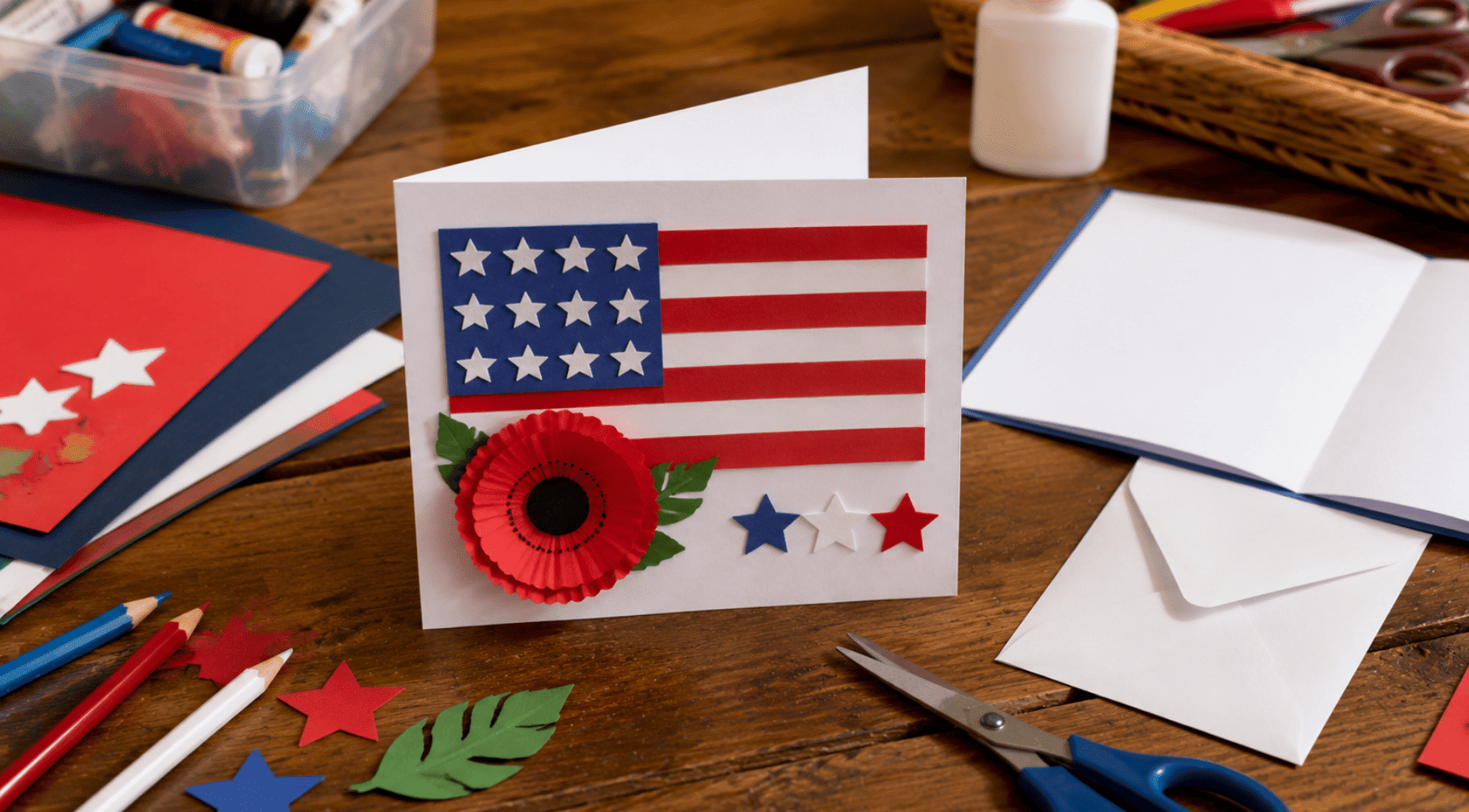 realistic veterans day thank you card craft with patriotic decorations and supplies