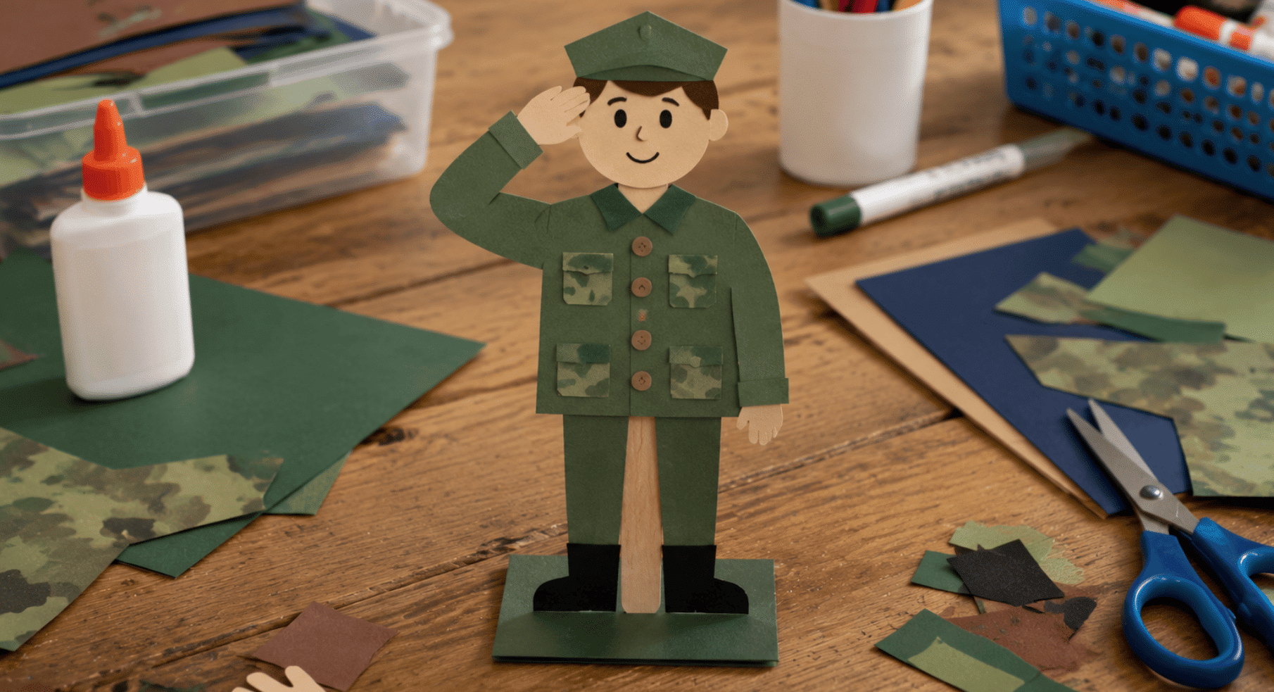 realistic paper soldier craft with handmade uniform and classroom supplies