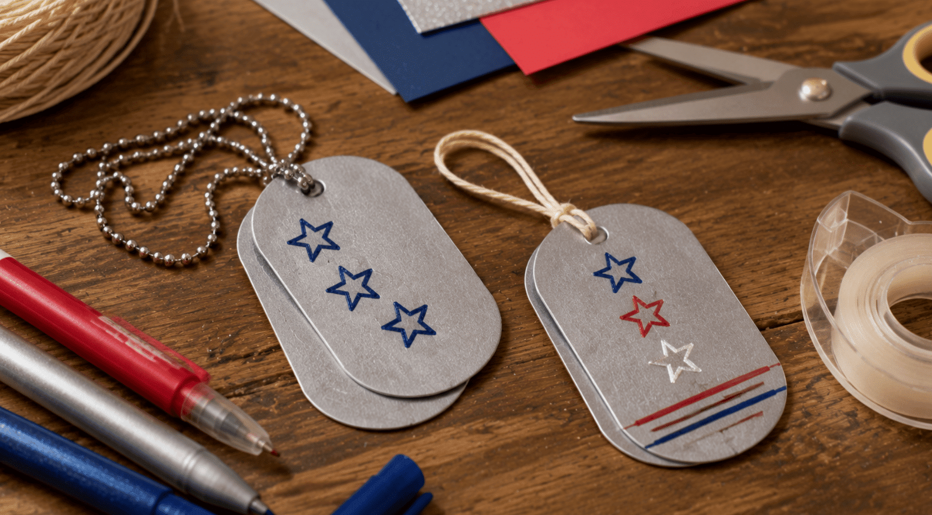 realistic handmade dog tag craft with silver paper tags and craft supplies