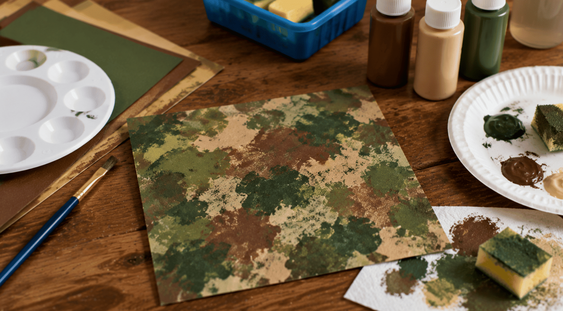 realistic camouflage pattern art craft with paint supplies on table