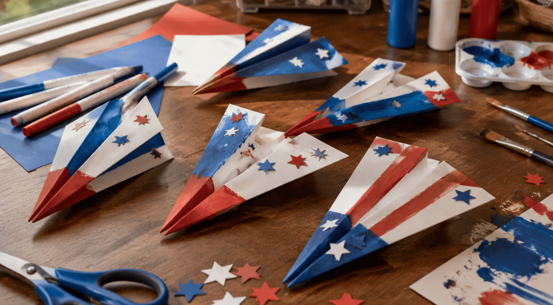 realistic patriotic paper airplane crafts with stars and paint supplies