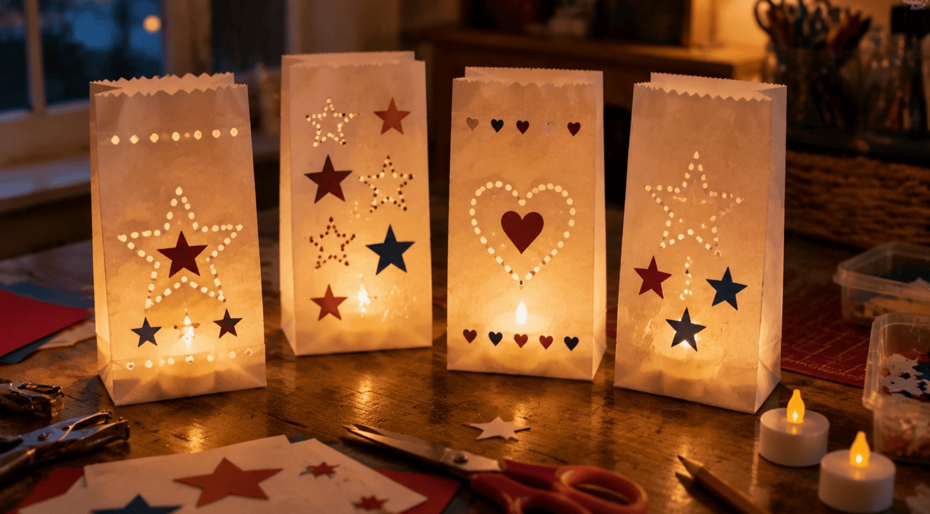 realistic memorial luminaria craft with glowing paper bags and star designs