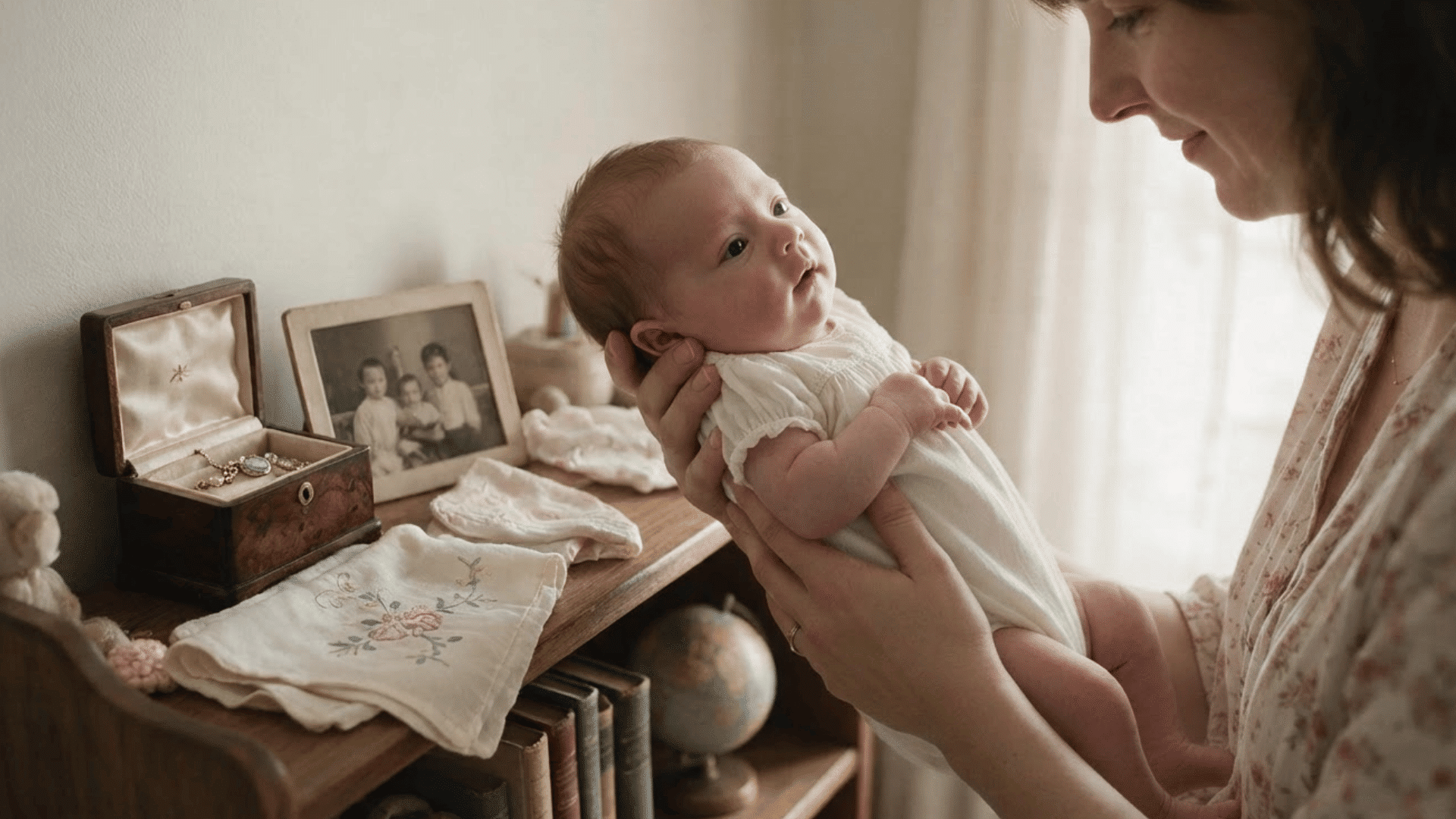 mother holding newborn beside wooden shelf with keepsakes and old family photo in soft nursery light