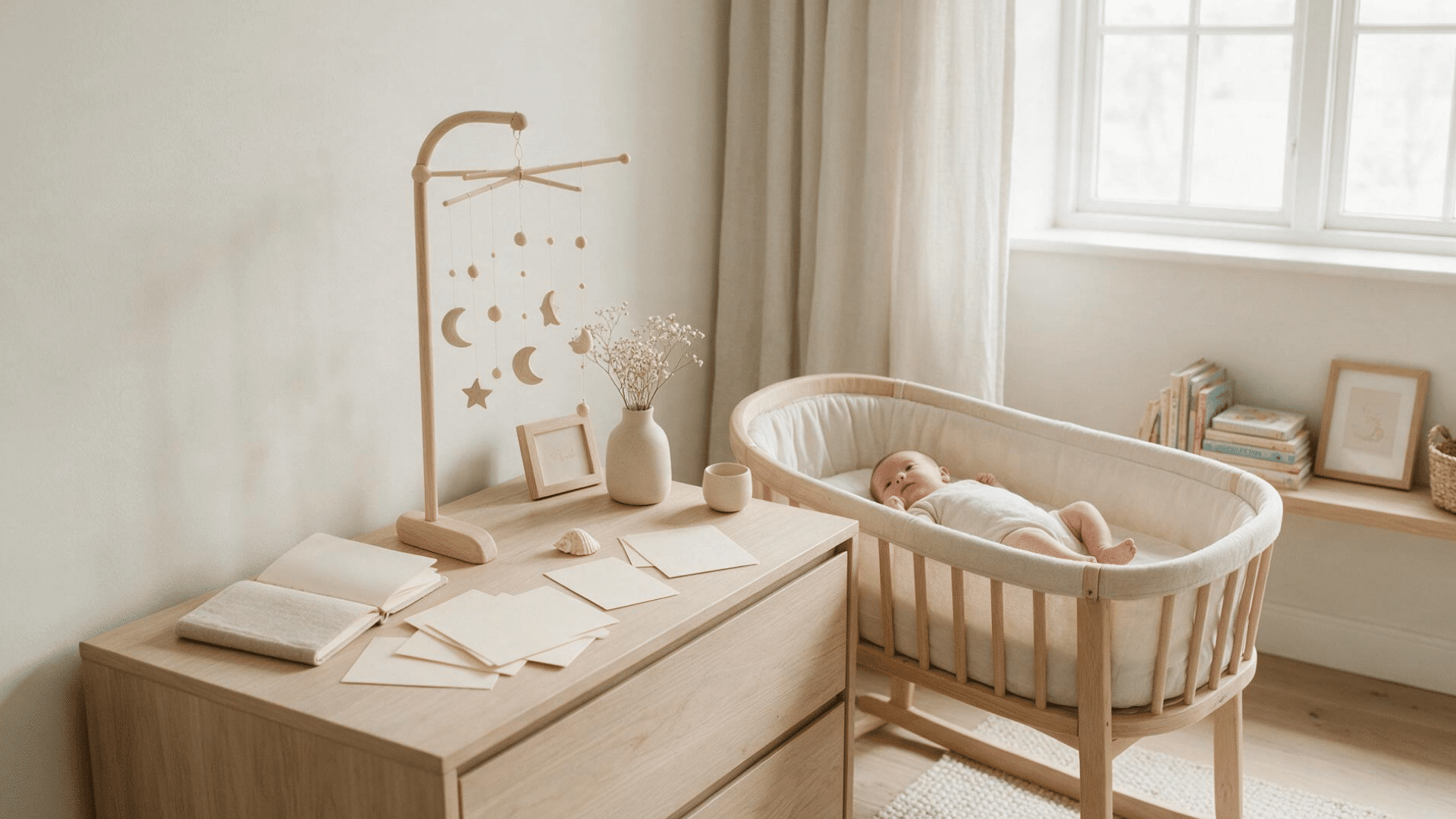 newborn girl in a bright nursery with a modern baby name inspiration setup and soft minimalist decor