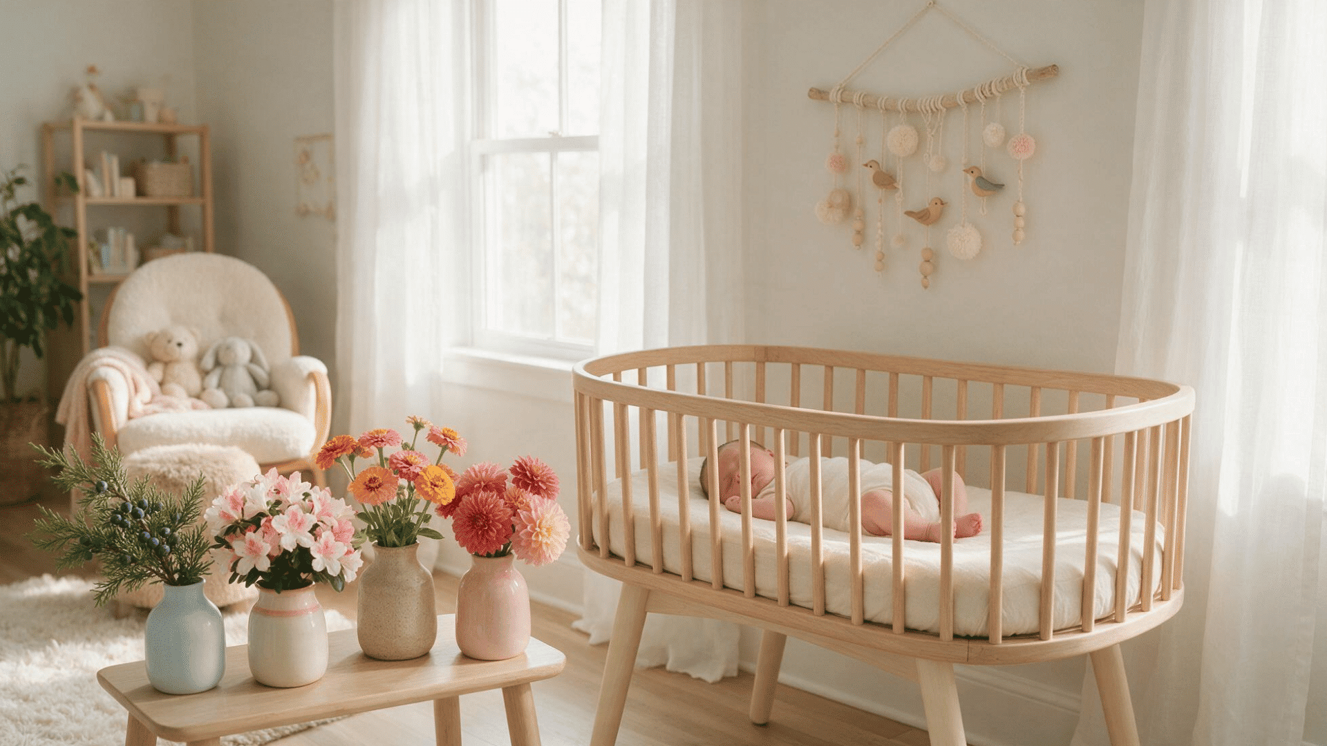 newborn girl resting near flowers leaves and soft nature inspired nursery decor