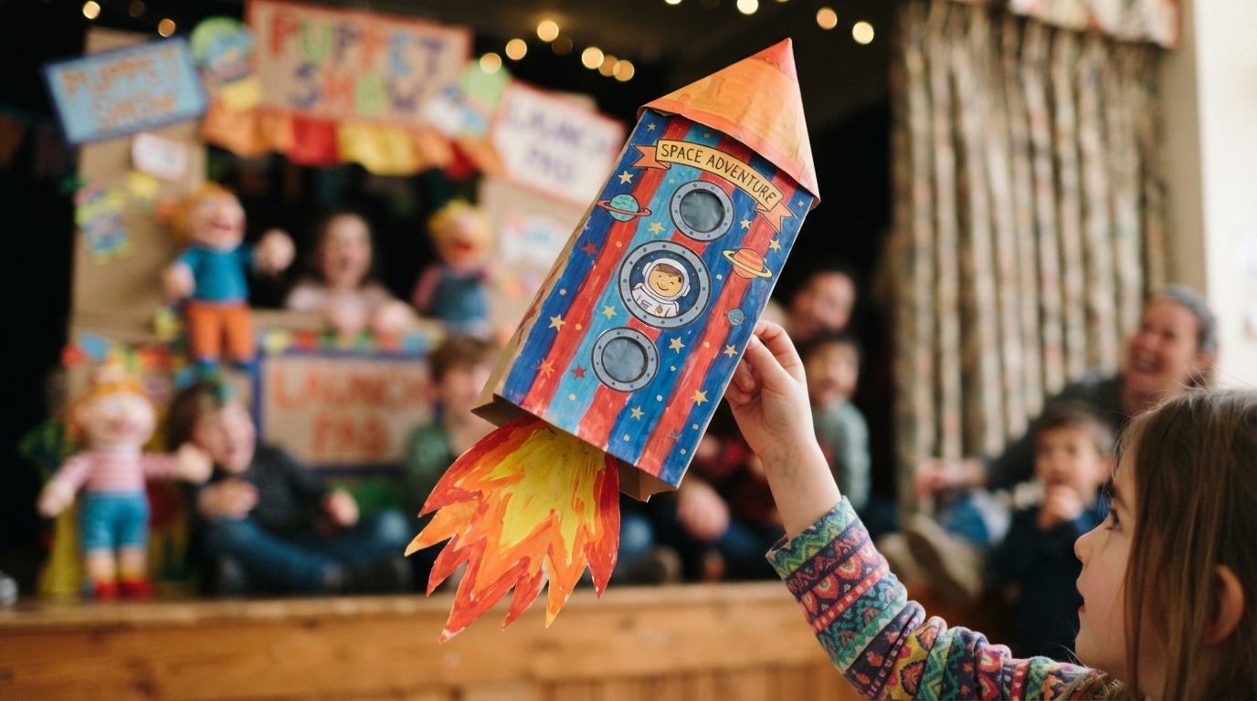 Paper bag rocket puppet flying