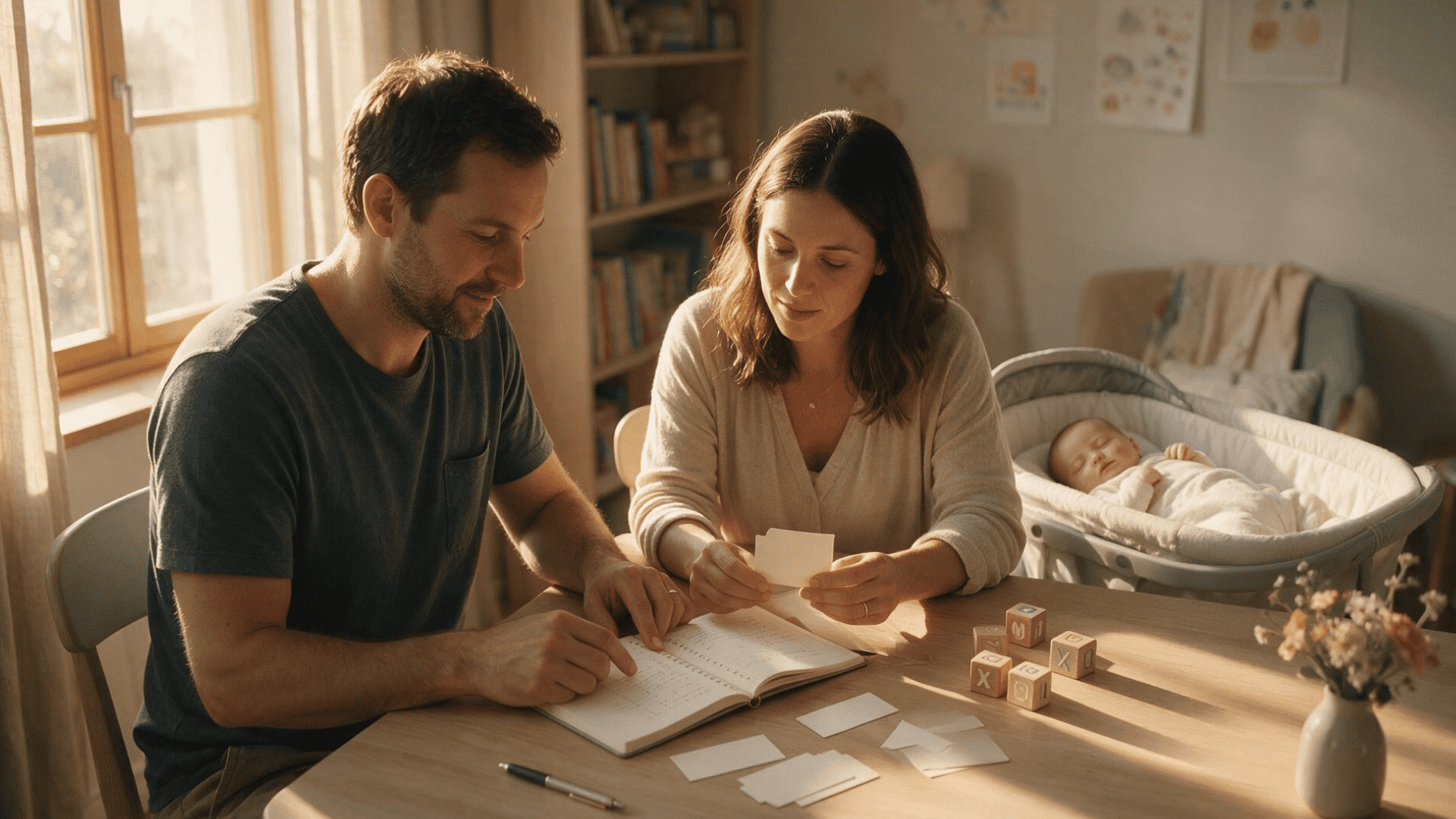 parents comparing baby name choices at a table with a notebook and newborn nearby